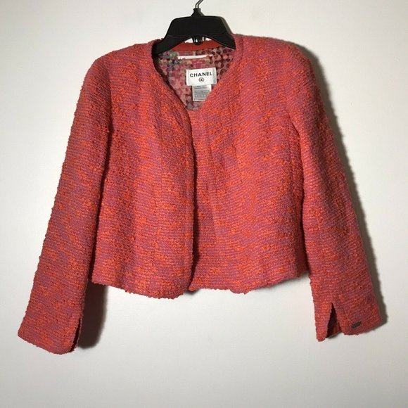 EUC Chanel 2 Piece Pink Orange Sorbet Tweed Tank Jacket Set Open Size 36